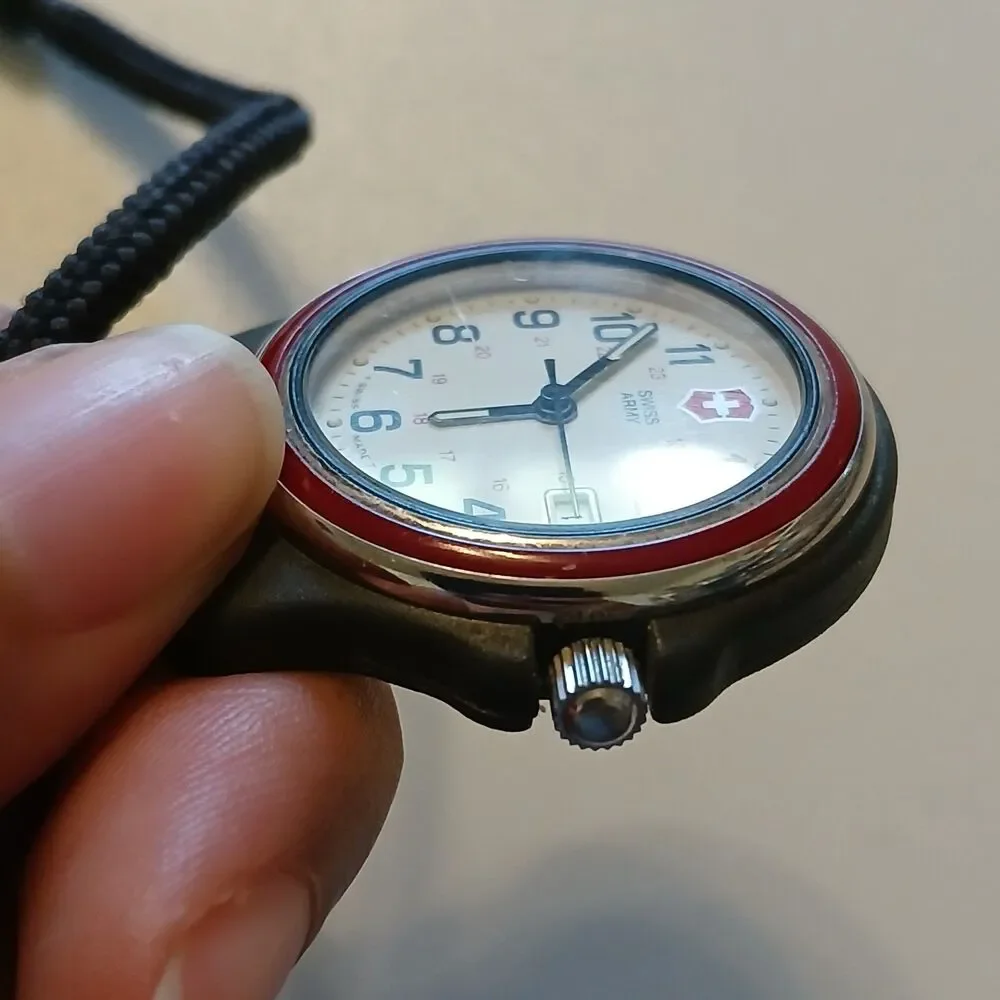 VTG 1990s Swiss Army Brand Pocket Watch Lanyard Red Bezel Date White Dial 31mm